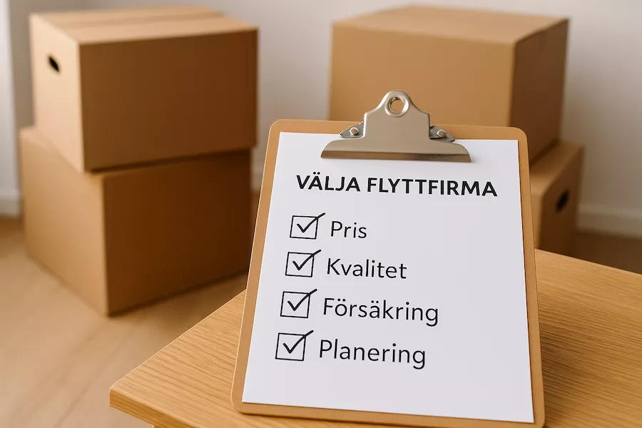 “Checklista på bord bredvid flyttlådor – symboliserar hur man väljer rätt flyttfirma innan bokning med fokus på pris, kvalitet, försäkring och planering”